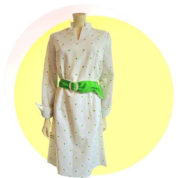 Vintage Mod White & Green Midi Dress Sz 12 W Belt New With‎ Tags - Picture 14 of 16